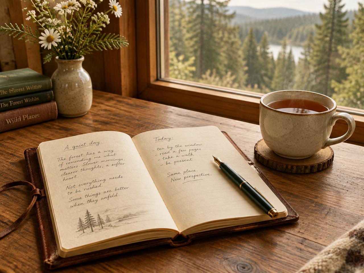 Open journal beside a cup of tea
